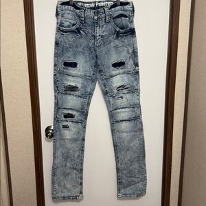 American Fighter Legend Slims Straight Distressed Moto Jeans, Size 30